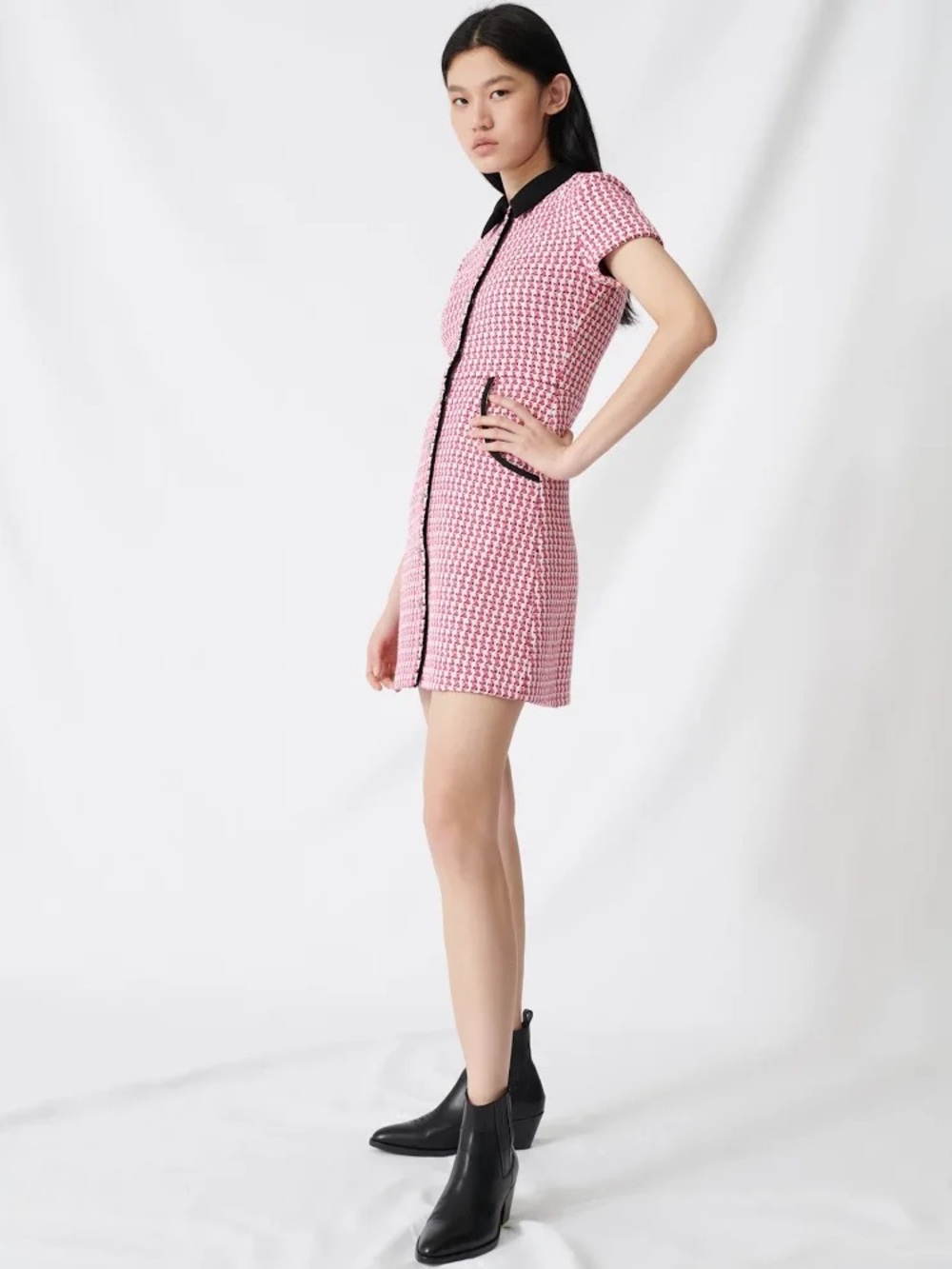 MAJE PINK TWEED COLLARED BUTTONED DRESS - Picture 2 of 4